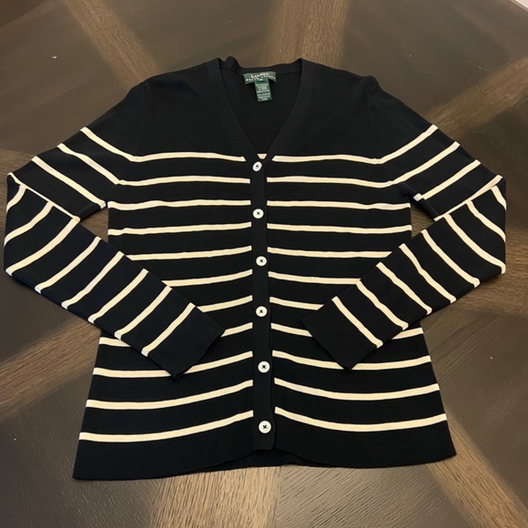 Lauren Ralph Lauren Black Cardigan M 100% Spun Silk Knit Classic Sweater - Picture 2 of 8
